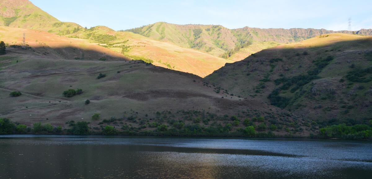 Evening light on the hills above Brownlee Reservoir, reflected in the water