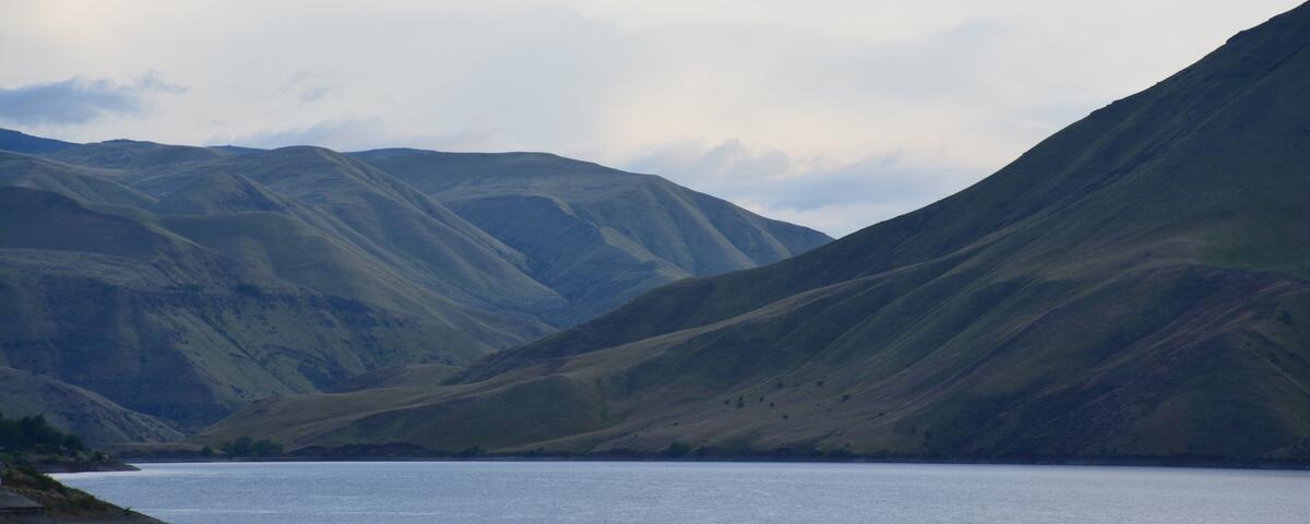 Brownlee Reservoir winding between steep canyon slopes under a cloudy sky